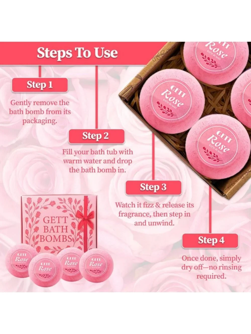 Luxury Rose Bath Bombs 4-Pack, Vegan & Essential Oils, Relaxing Gift Set for All